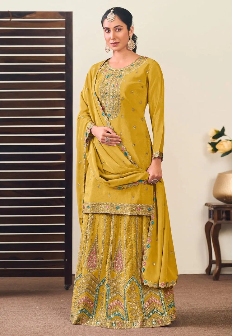 Mustard Chinon Long Choli Lehenga