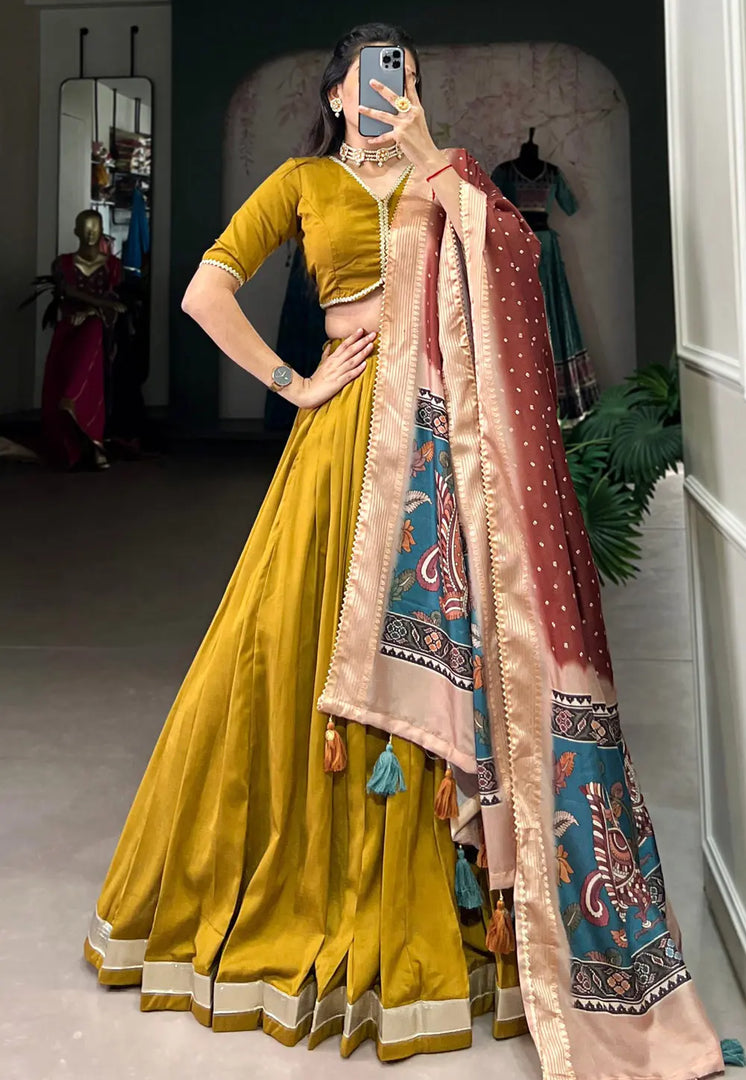 Mustard Chinon Silk Lehenga Choli