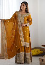 Load image into Gallery viewer, Mustard Chinon Silk Readymade Sharara Suit
