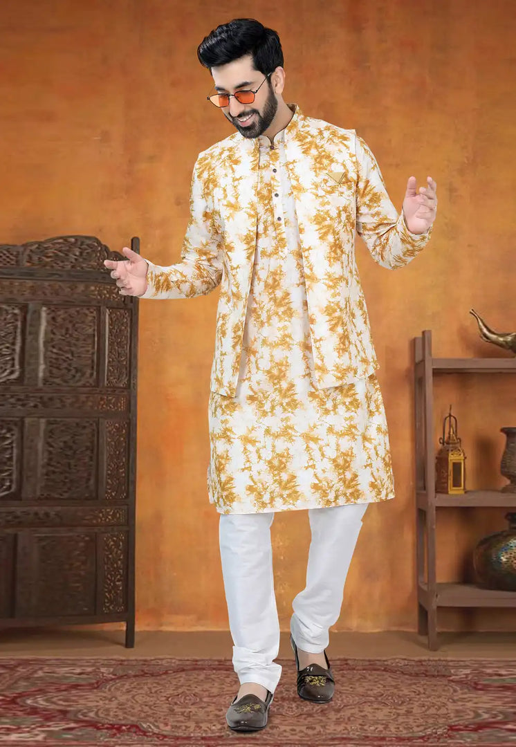 Mustard Cotton Kurta Pajama With Jacket