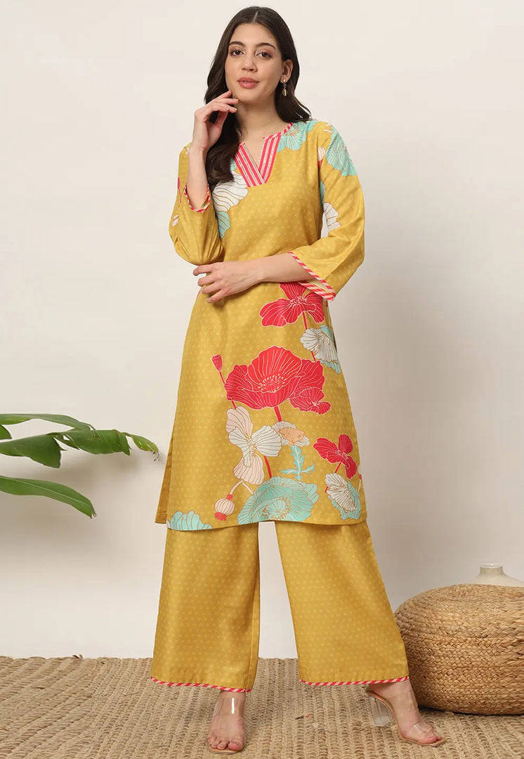 Mustard Cotton Kurta Set With Palazzo