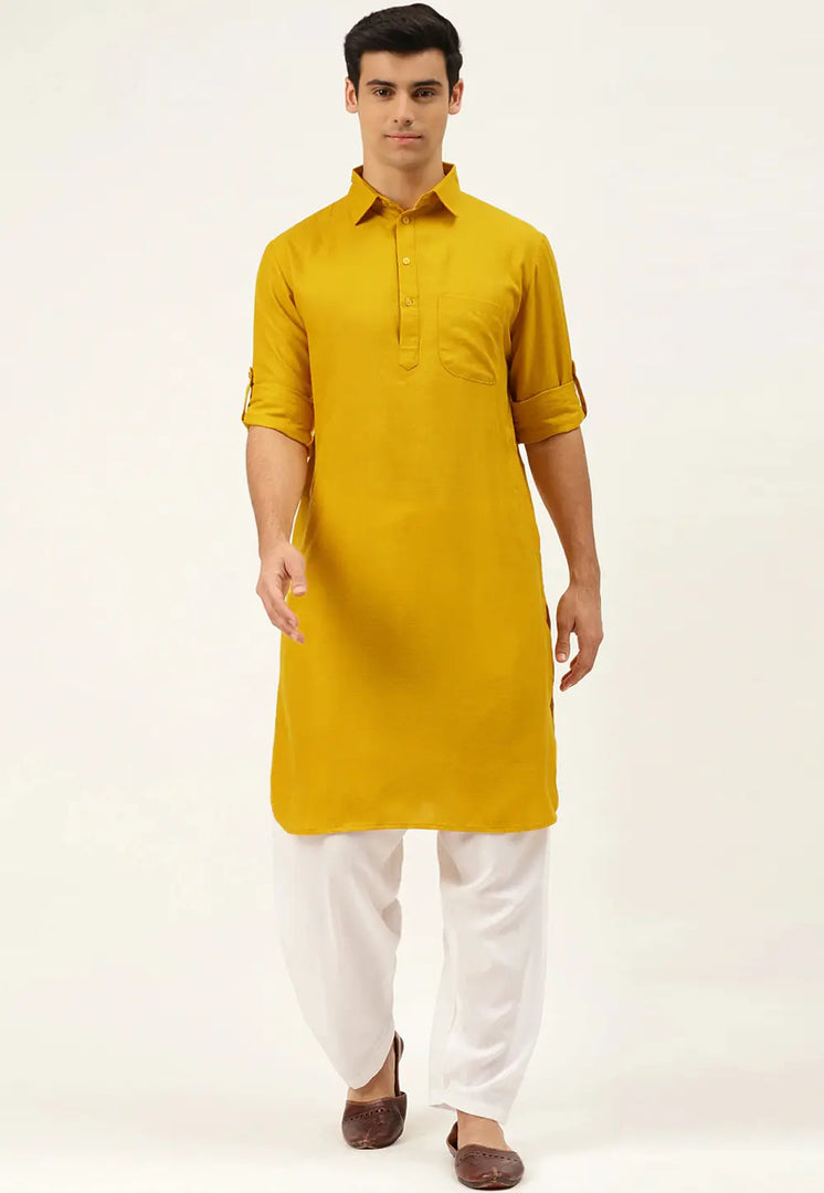Mustard Cotton Pathani Suit