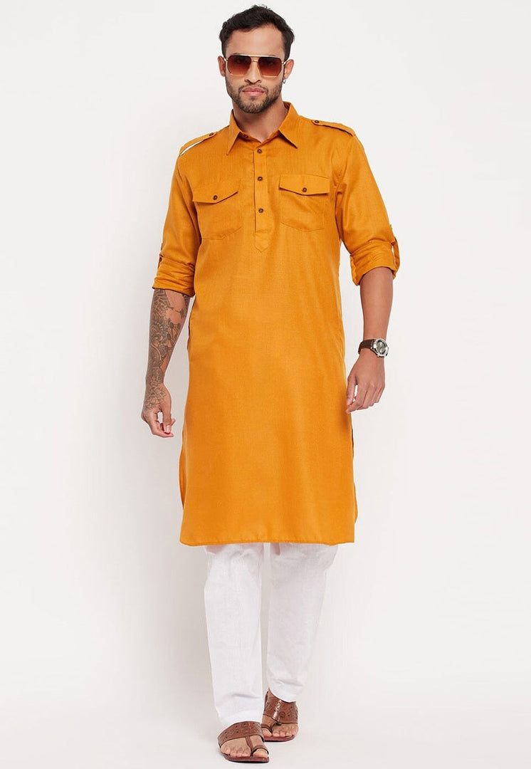 Mustard Cotton Pathani Suit