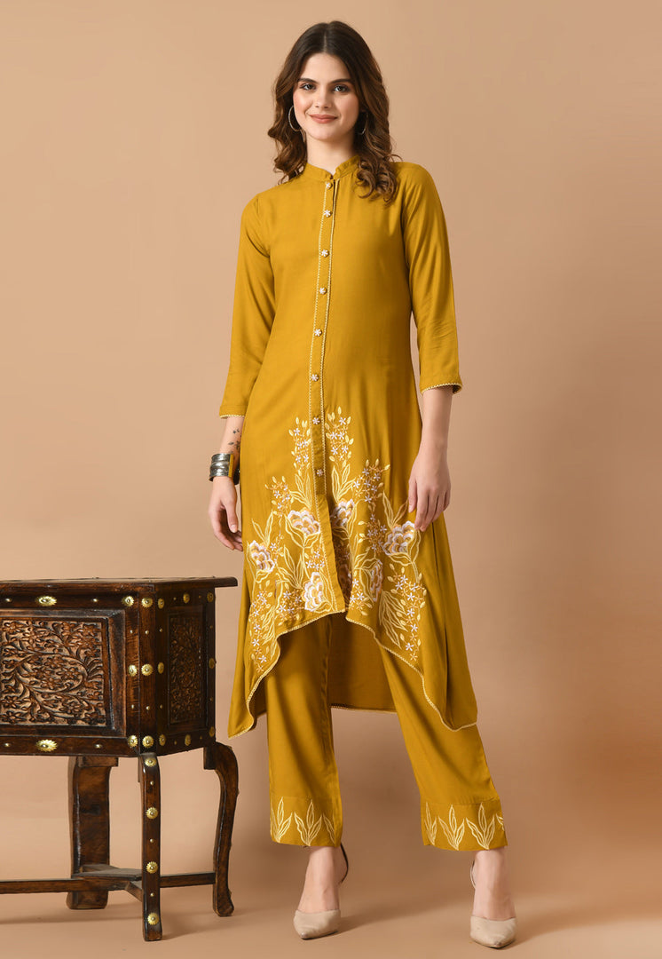 Mustard Cotton Rayon Kurta Set With Pent