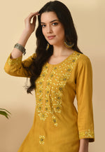 Load image into Gallery viewer, Mustard Cotton Rayon Kurta Set With Pent
