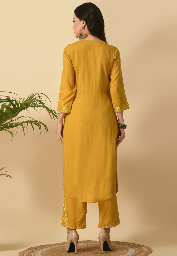 Mustard Cotton Rayon Kurta Set With Pent