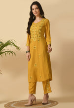 Load image into Gallery viewer, Mustard Cotton Rayon Kurta Set With Pent
