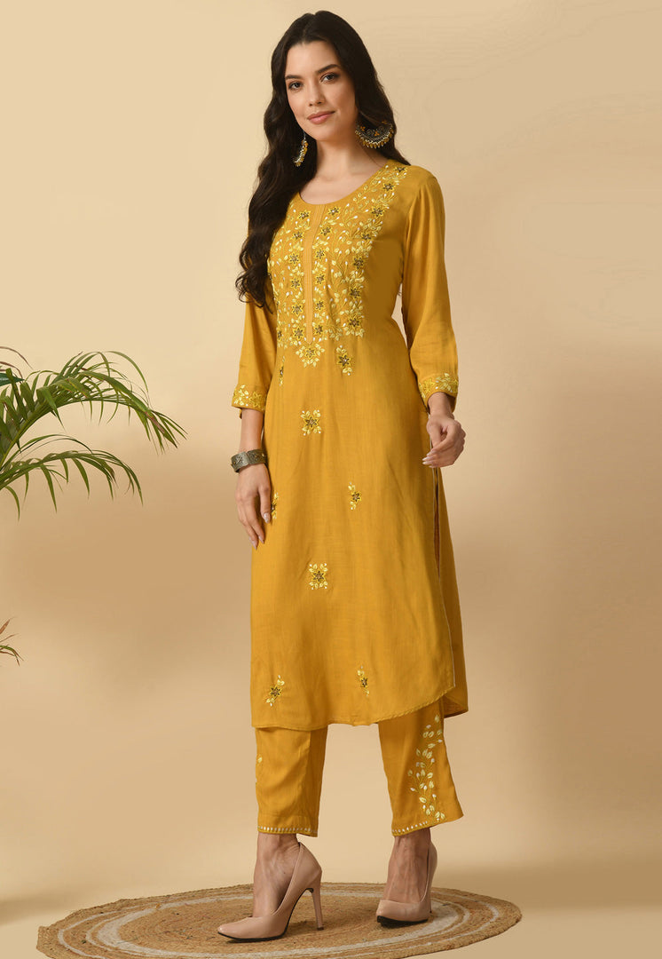 Mustard Cotton Rayon Kurta Set With Pent