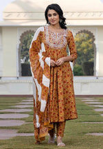 Load image into Gallery viewer, Mustard Cotton Readymade Anarkali Suit
