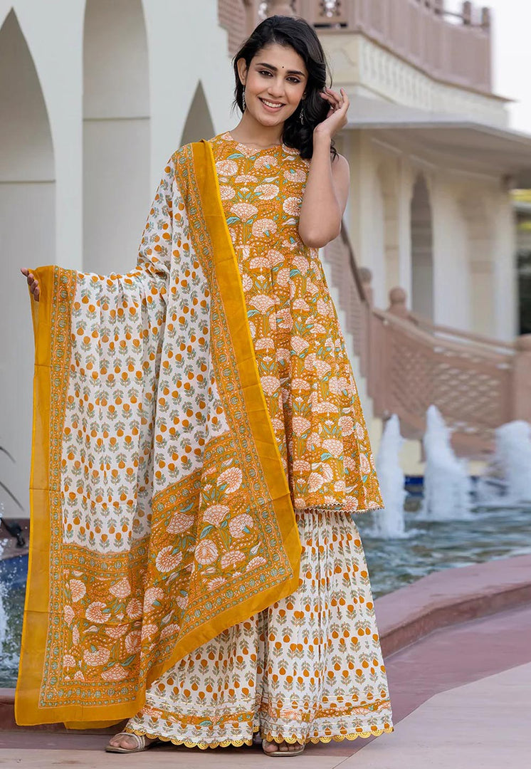Mustard Cotton Readymade Sharara Suit