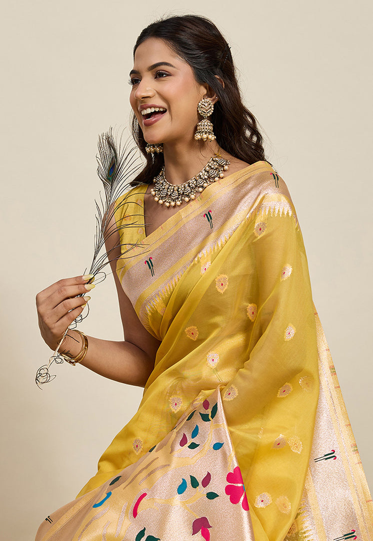 Mustard Cotton Silk Paithani Saree