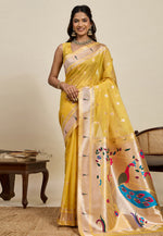 Load image into Gallery viewer, Mustard Cotton Silk Paithani Saree