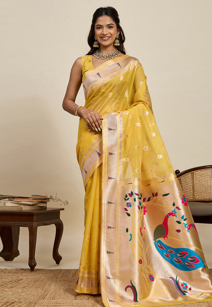 Mustard Cotton Silk Paithani Saree