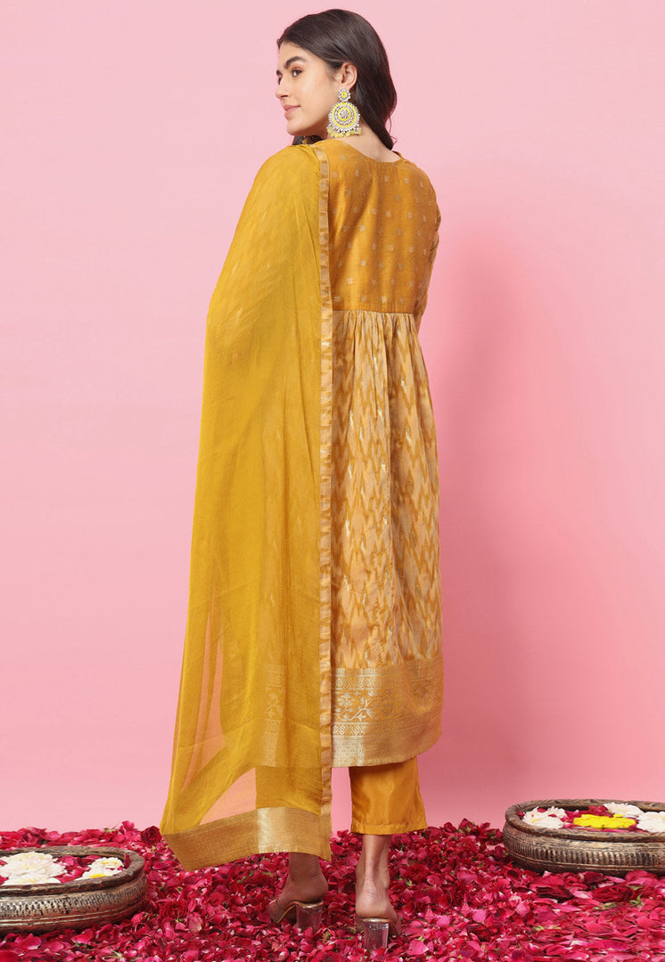 Mustard Cotton Silk Readymade Pant Style Suit