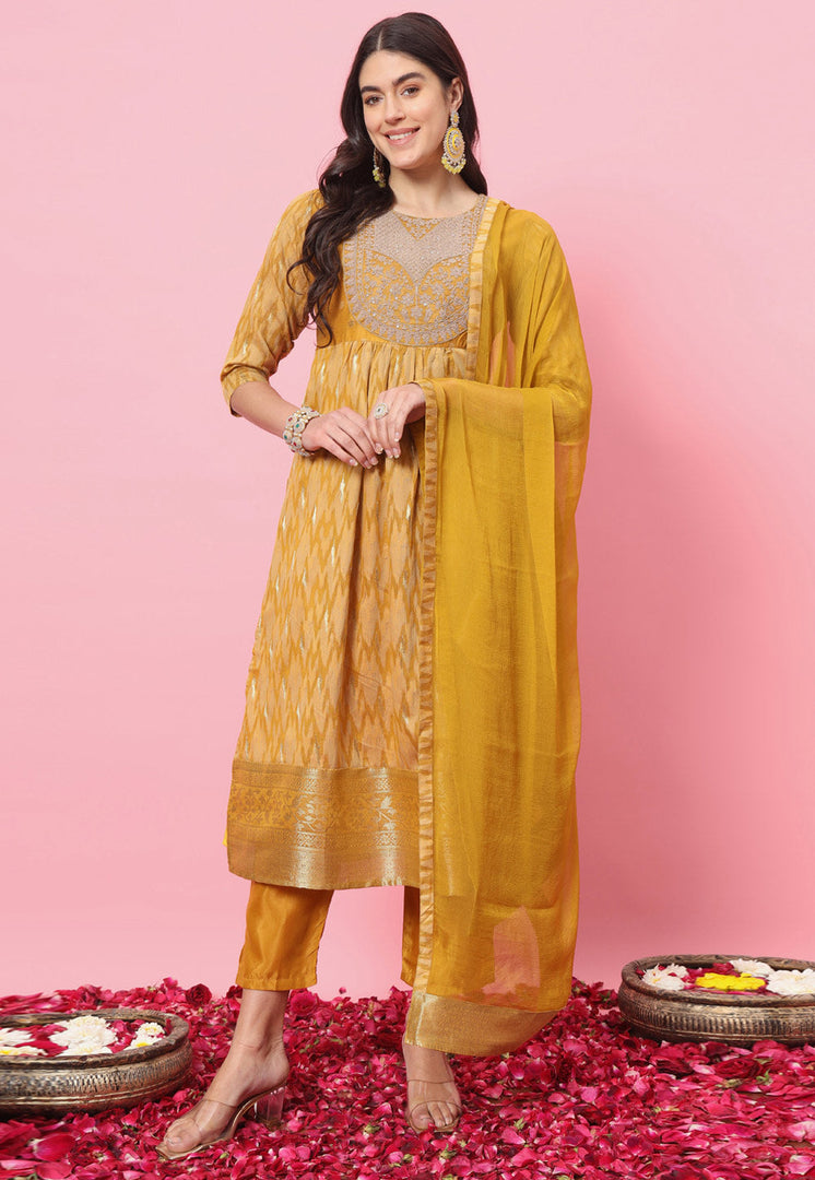 Mustard Cotton Silk Readymade Pant Style Suit