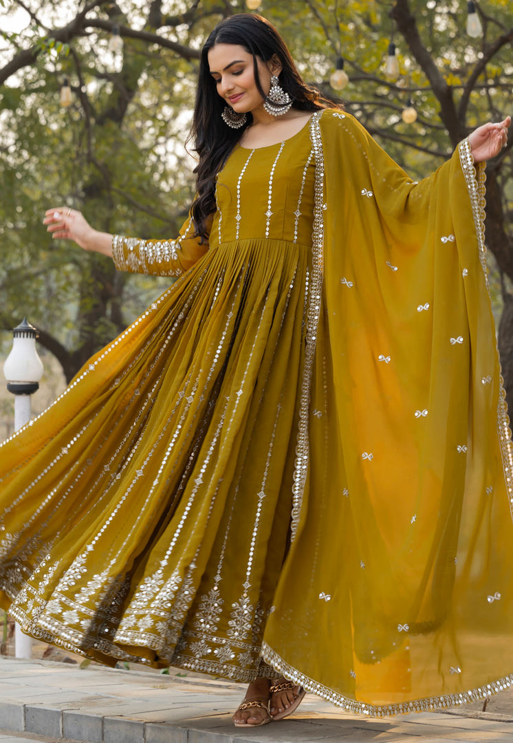 Mustard Faux Georgette Readymade Anarkali Suit