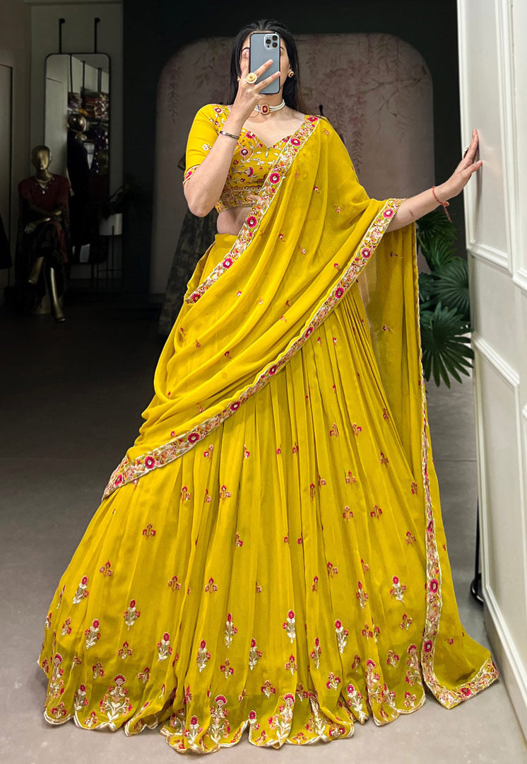 Mustard Georgette Circular Lehenga Choli