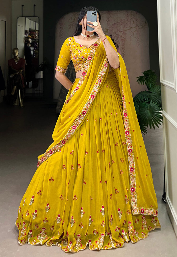 Mustard Georgette Circular Lehenga Choli