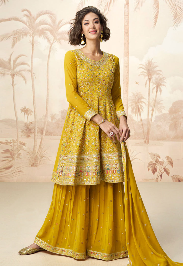 Mustard Georgette Embroidered Sharara Suit