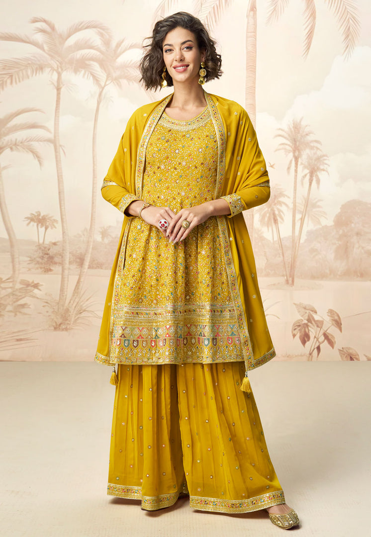 Mustard Georgette Embroidered Sharara Suit