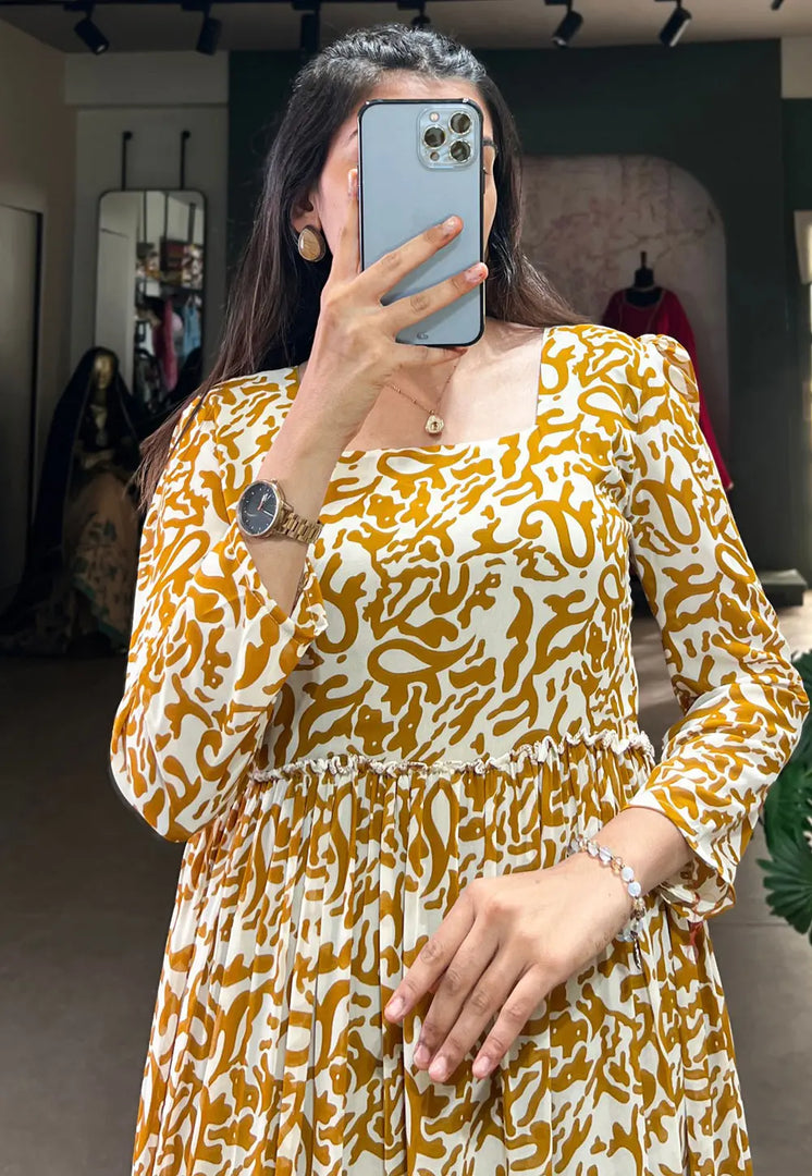 Mustard Georgette Printed Gown