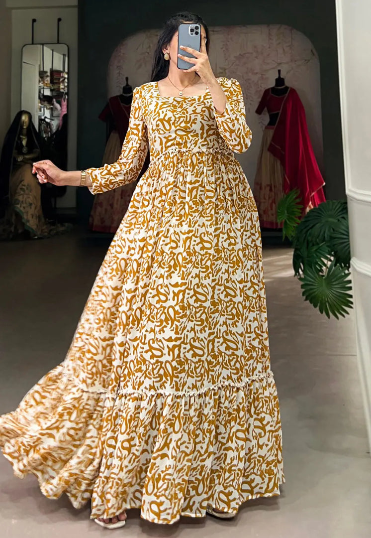 Mustard Georgette Printed Gown