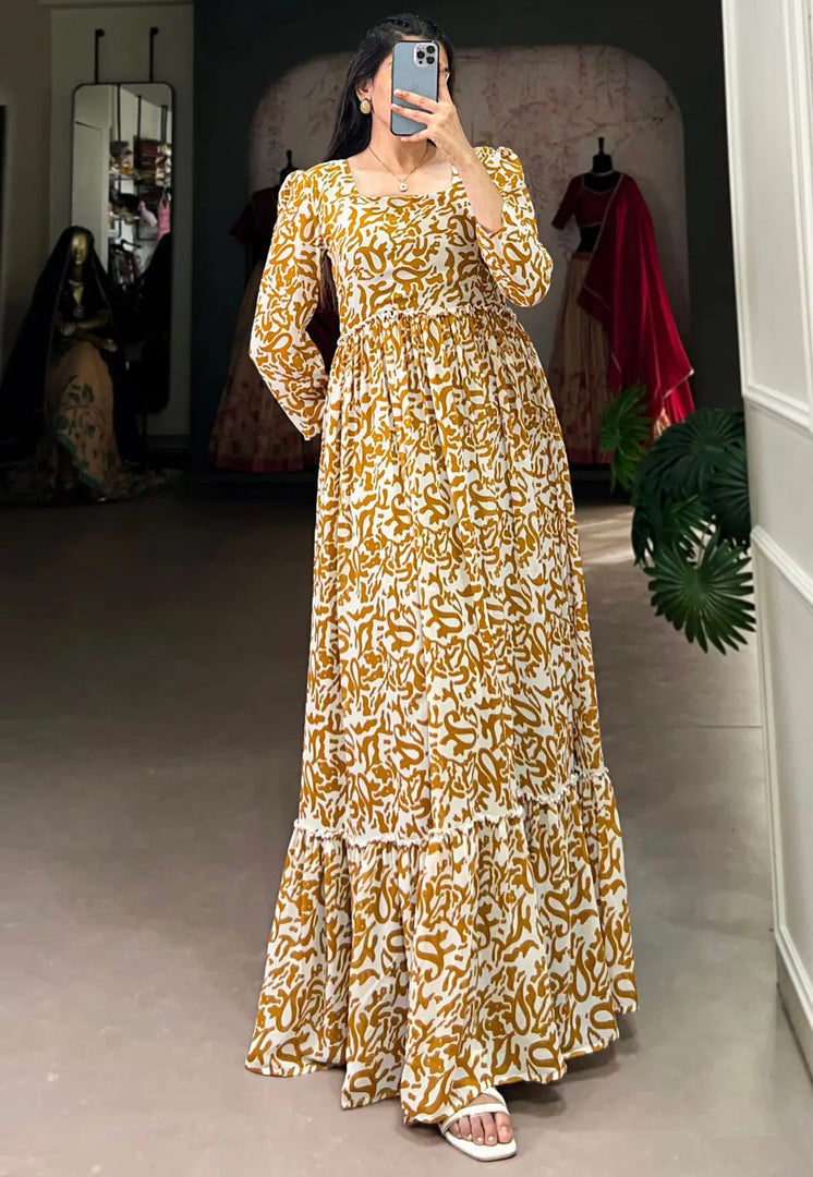Mustard Georgette Printed Gown