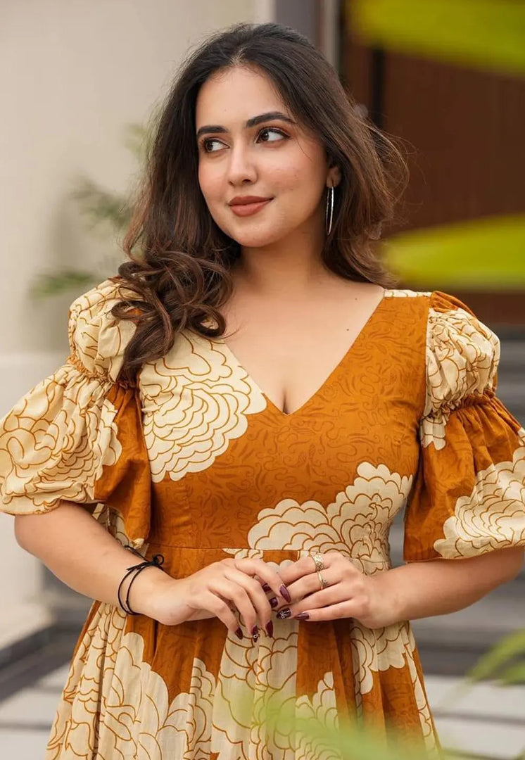 Mustard Muslin Printed Gown