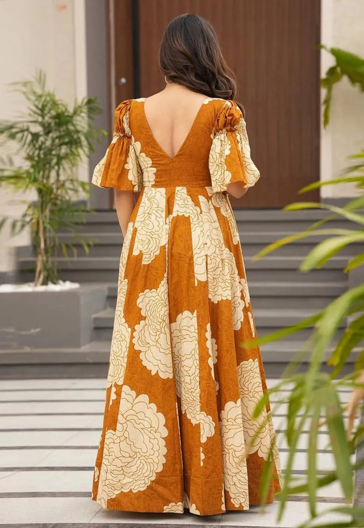 Mustard Muslin Printed Gown