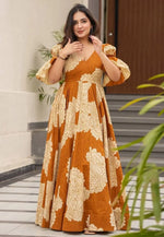 Load image into Gallery viewer, Mustard Muslin Printed Gown
