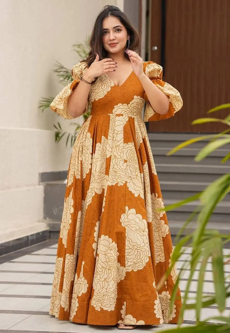 Mustard Muslin Printed Gown