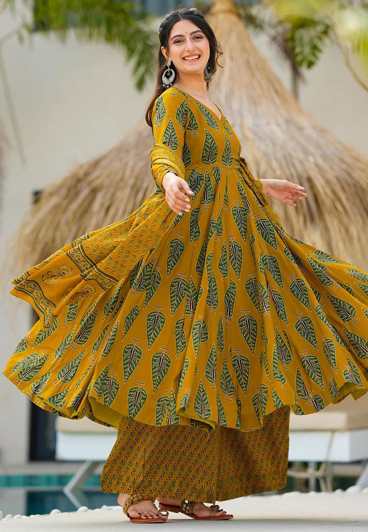 Mustard Muslin Readymade Palazzo Suit