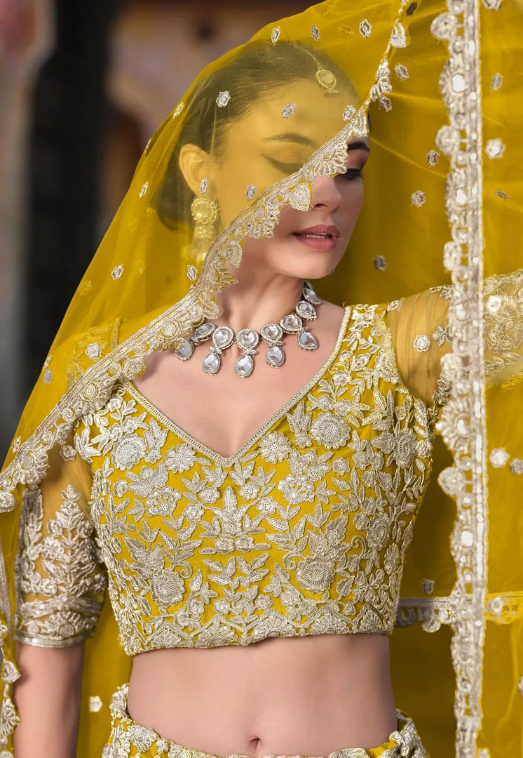 Mustard Net Circular Lehenga Choli