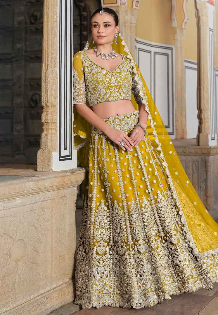 Mustard Net Circular Lehenga Choli