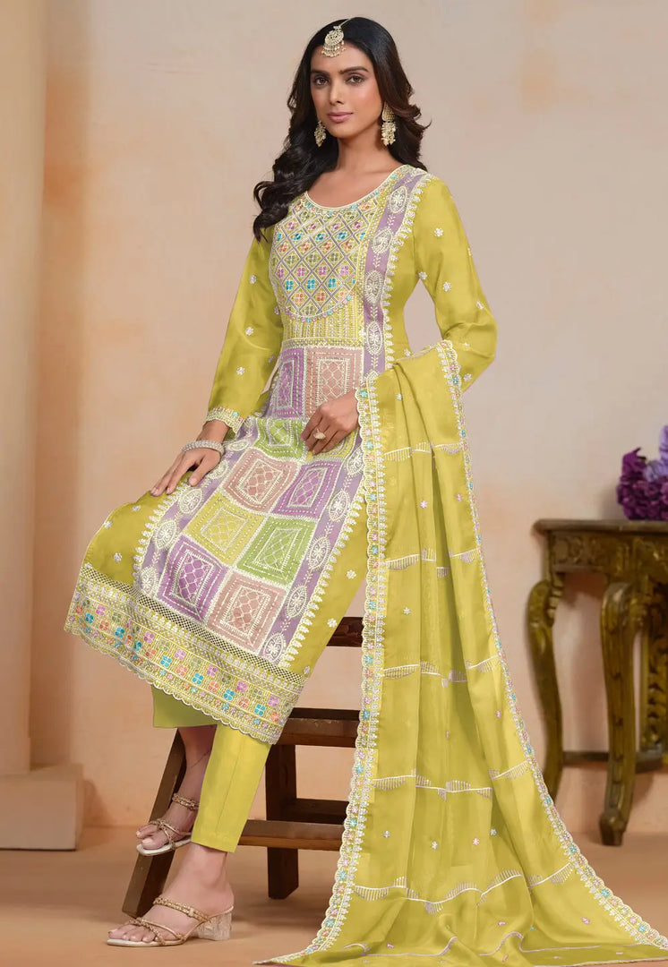Mustard Organza Embroidered Straight Suit