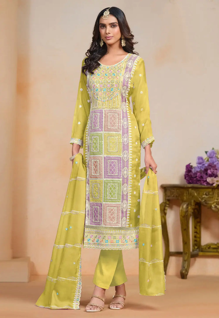 Mustard Organza Embroidered Straight Suit
