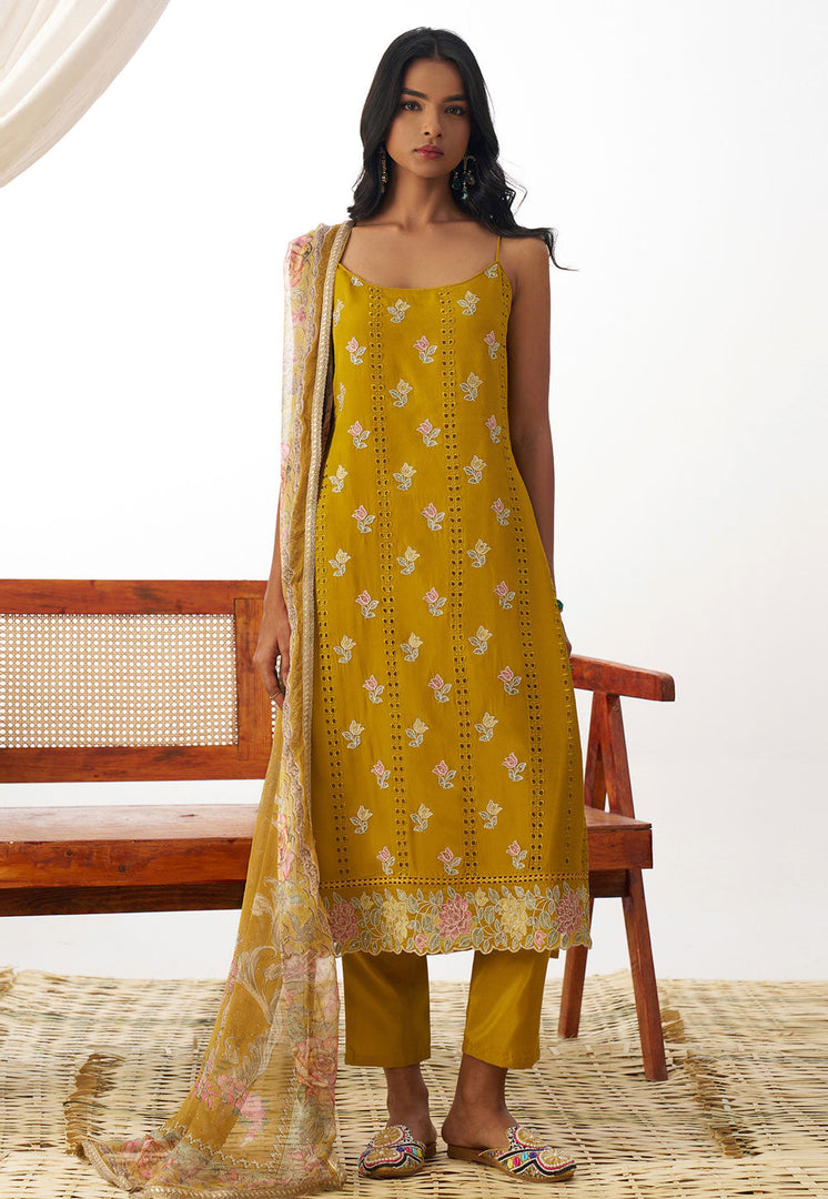 Mustard Organza Readymade Pant Style Suit