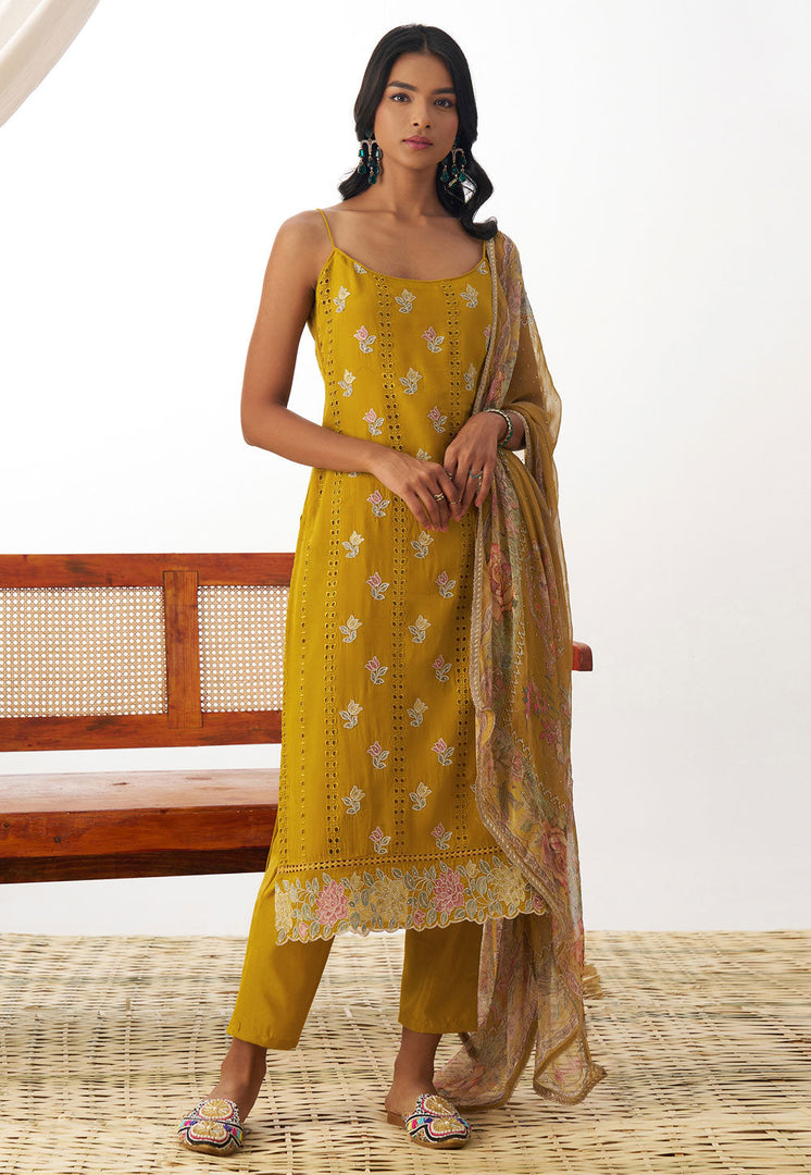 Mustard Organza Readymade Pant Style Suit