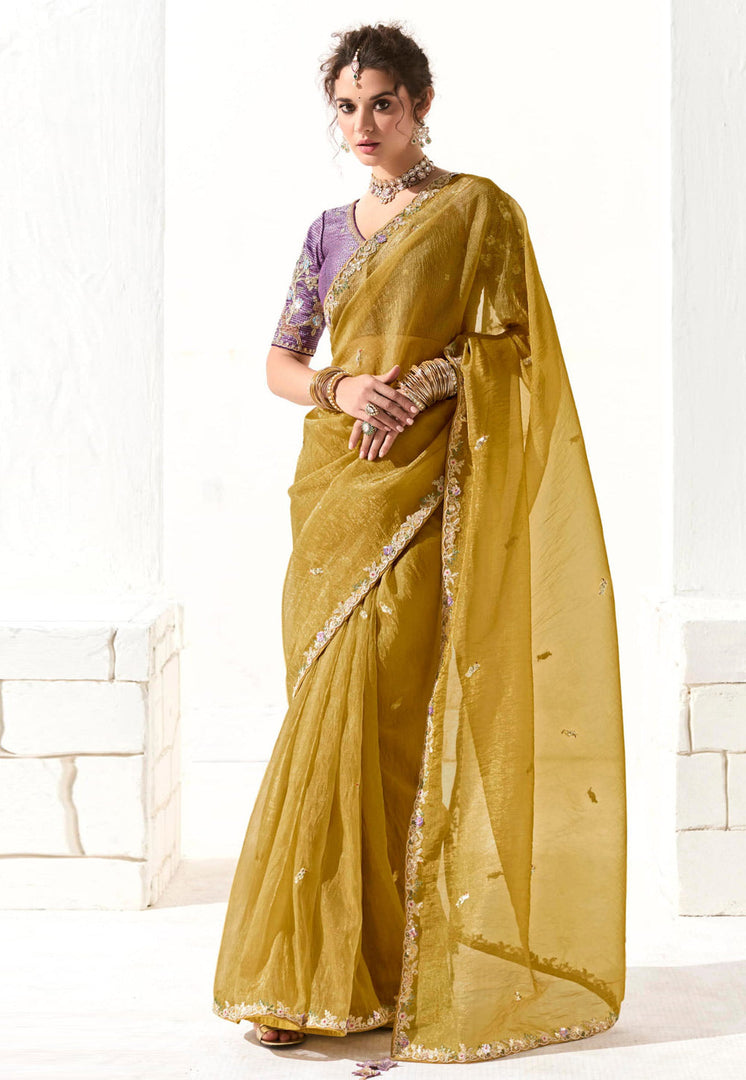 Mustard Organza Saree With Blouse