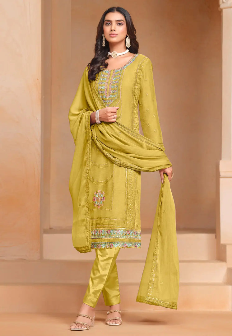 Mustard Organza Straight Suit