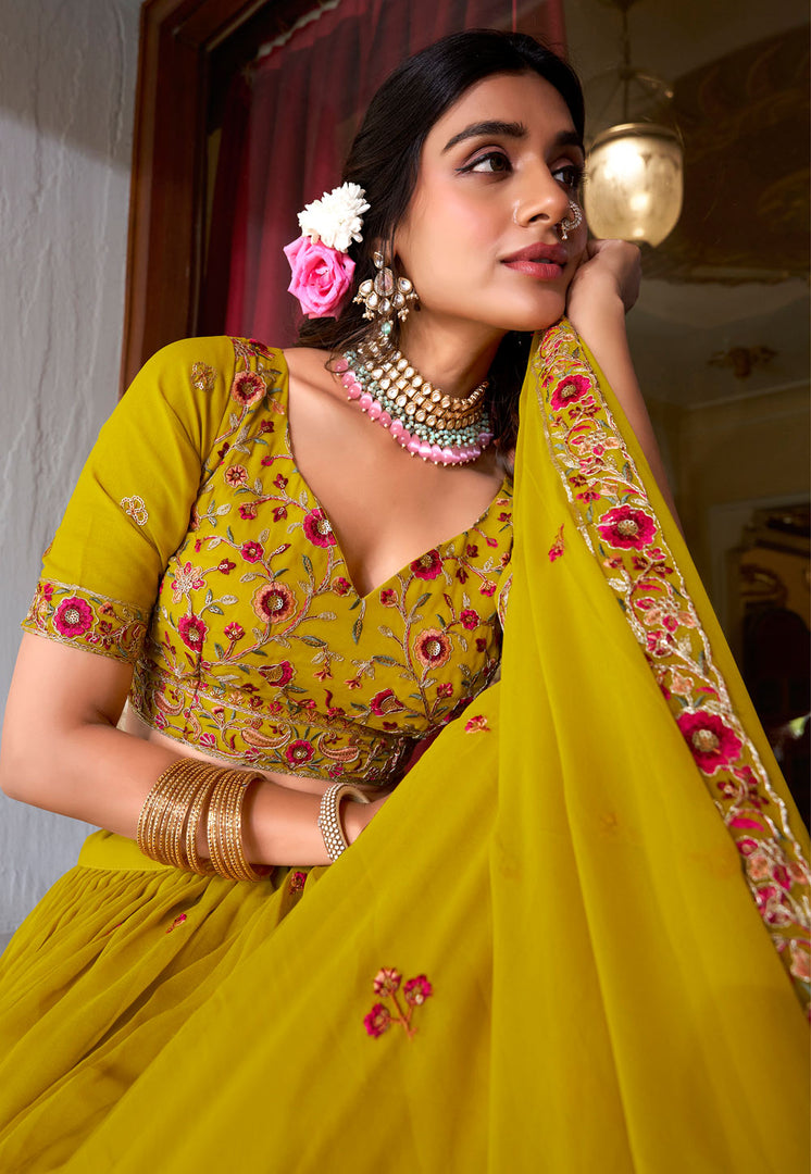 Mustard Satin Circular Lehenga Choli