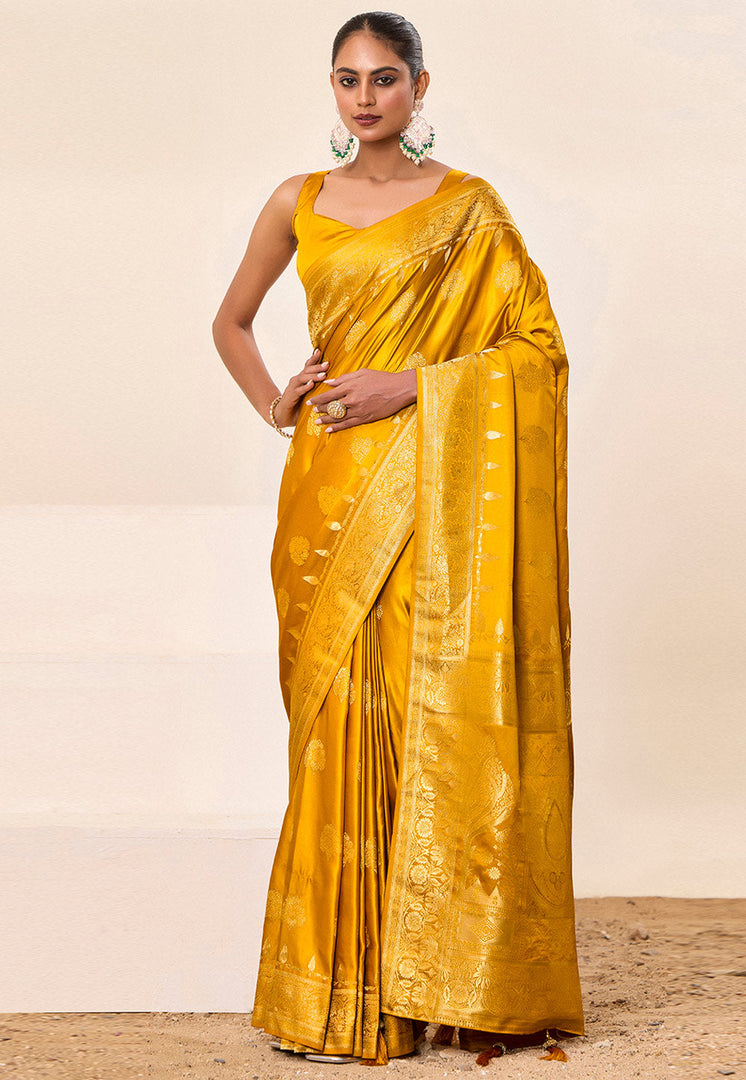 Mustard Satin Silk Saree With Blouse