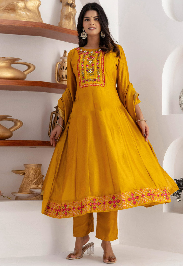 Mustard Silk Readymade Anarkali Suit