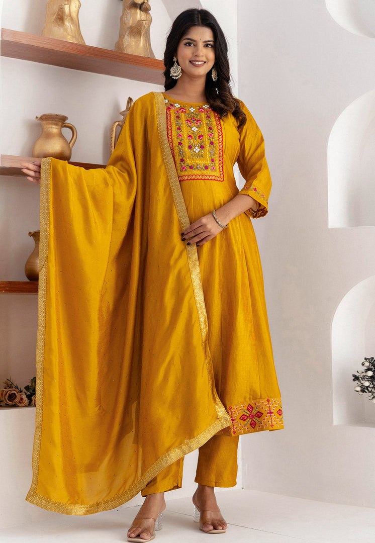 Mustard Silk Readymade Anarkali Suit