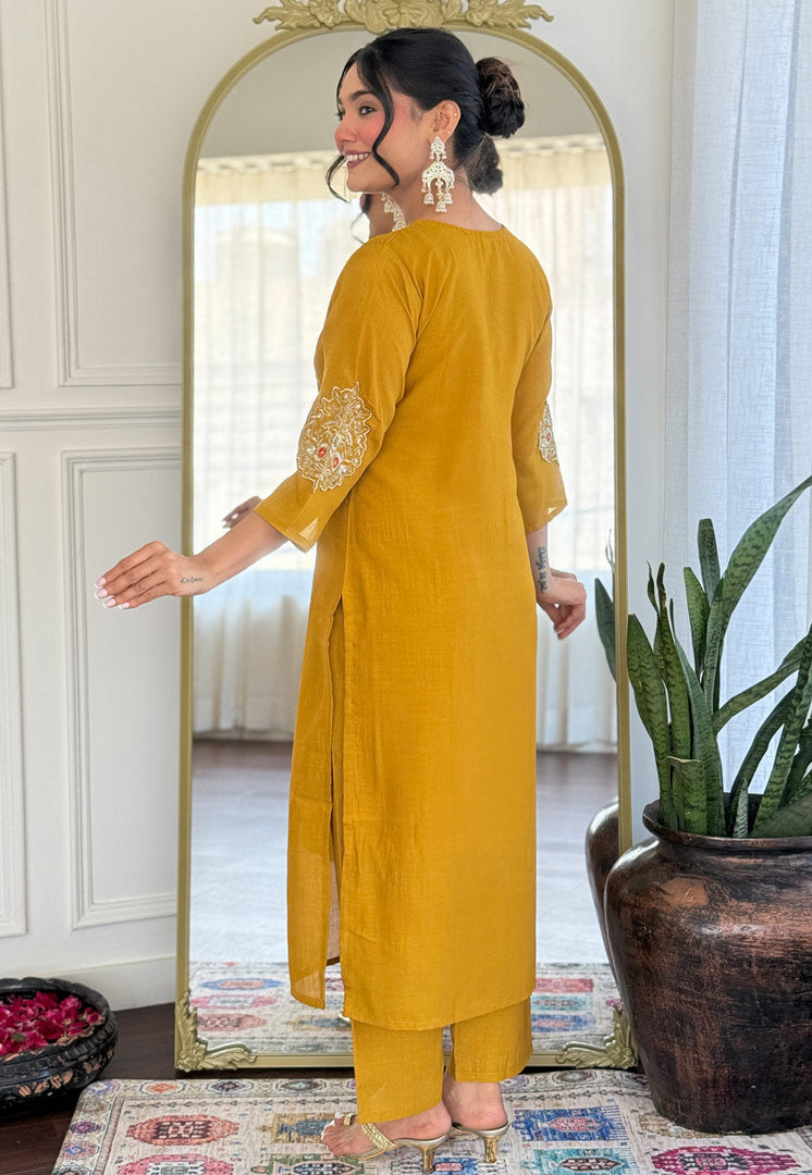 Mustard Silk Readymade Pant Style Suit