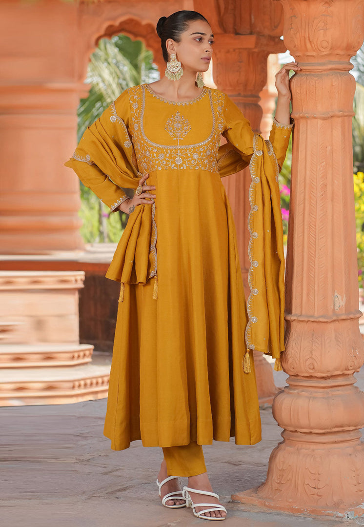 Mustard Silk Readymade Pant Style Suit