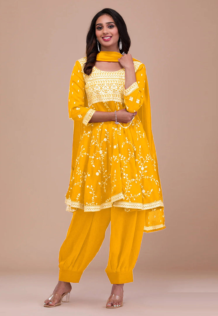 Mustard Silk Readymade Patiala Suit