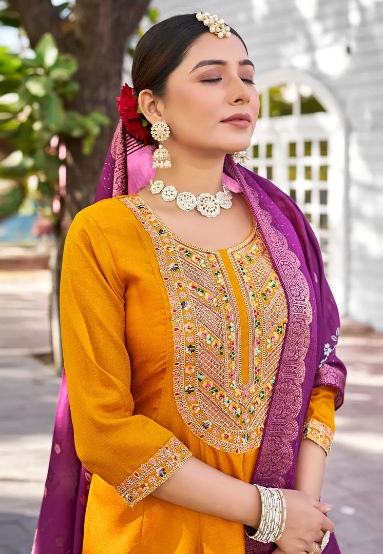 Mustard Viscose Readymade Pant Style Suit