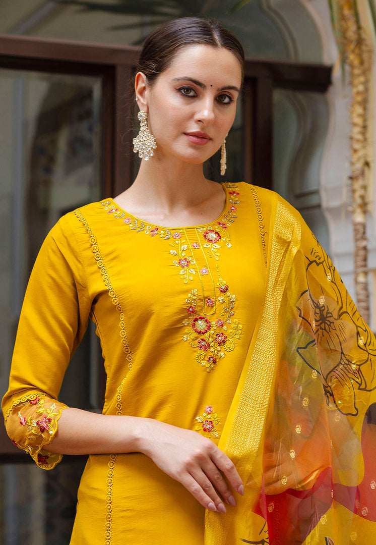 Mustard Viscose Readymade Pant Style Suit