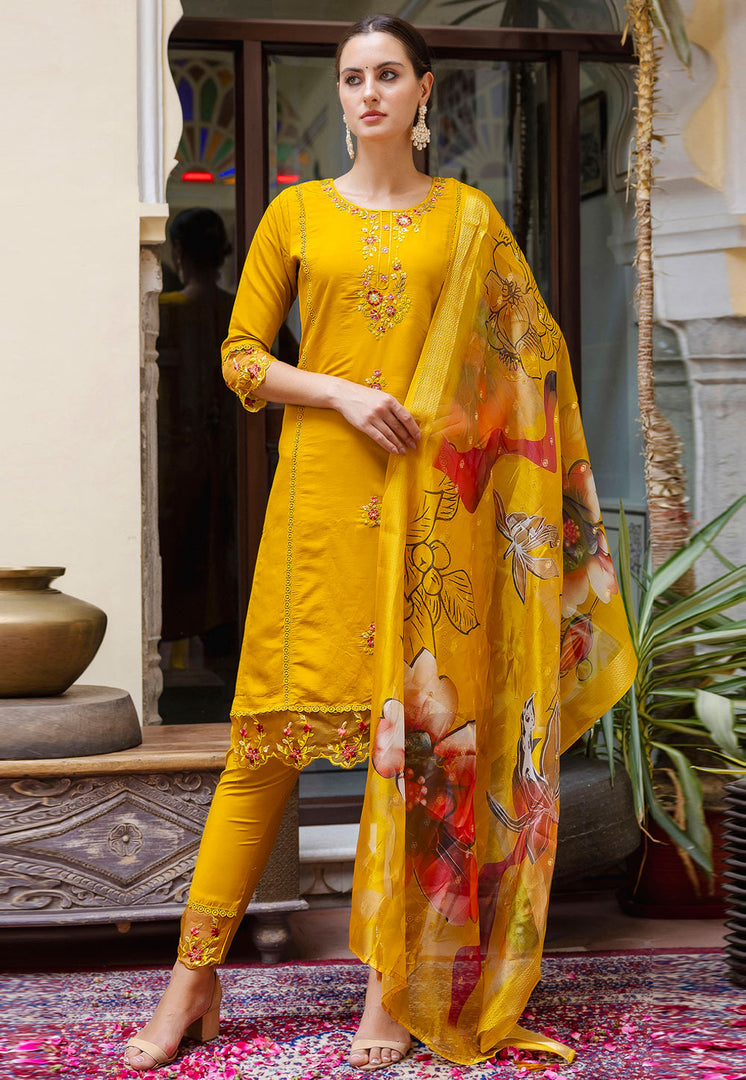 Mustard Viscose Readymade Pant Style Suit